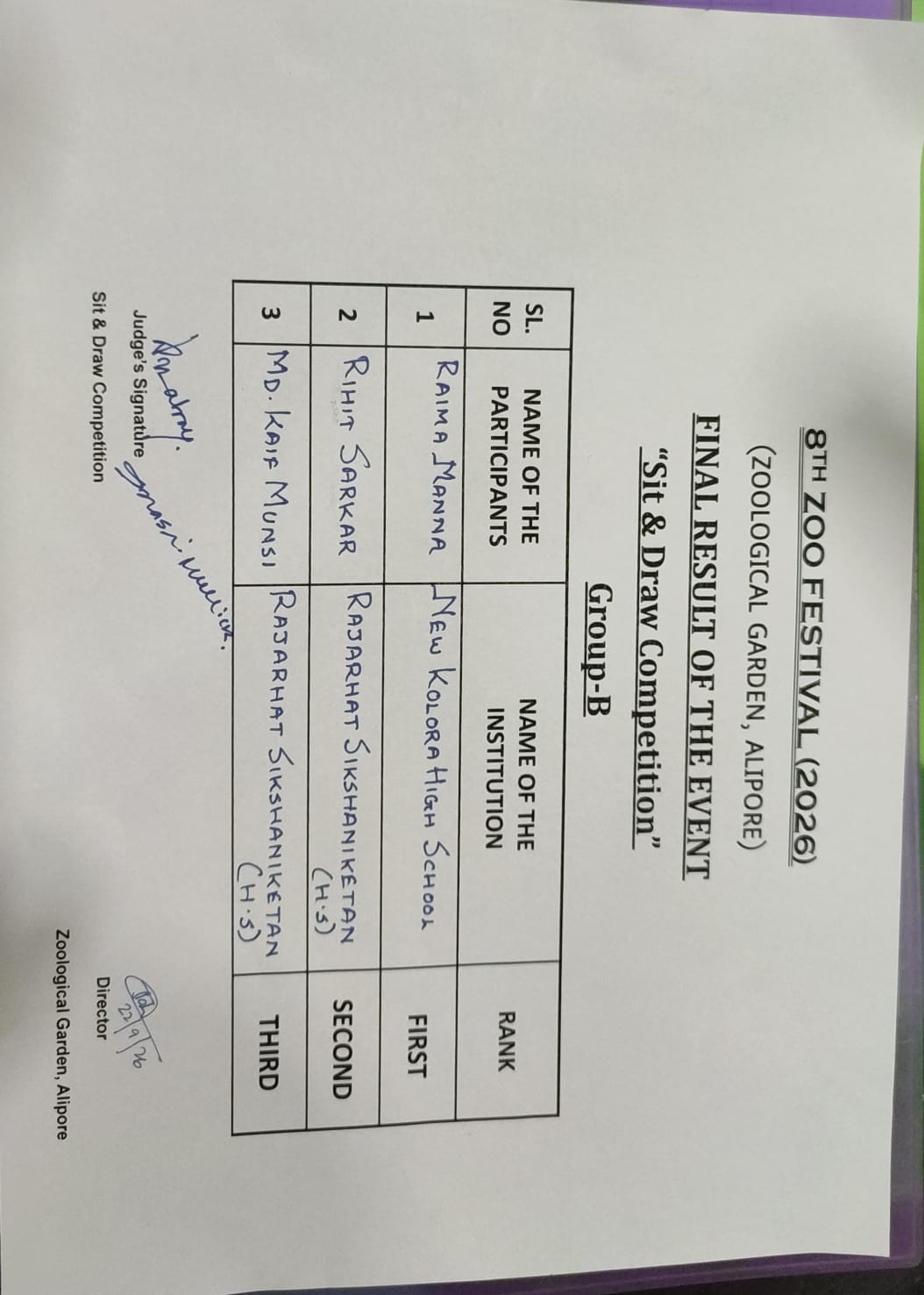 8th Zoo Festival Competition Result